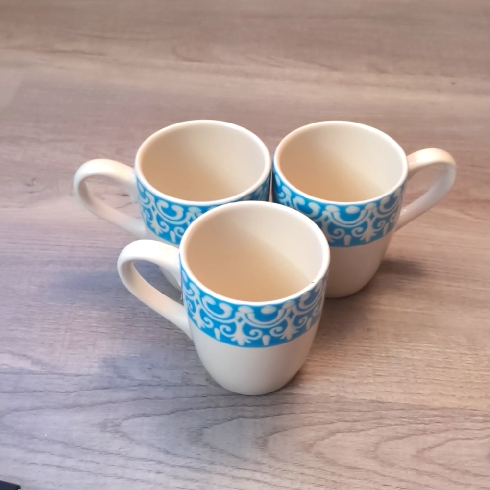 3 Vintage Coffee Mug Ivory blue Embossed Lace Pattern Made In Portugal 10 oz